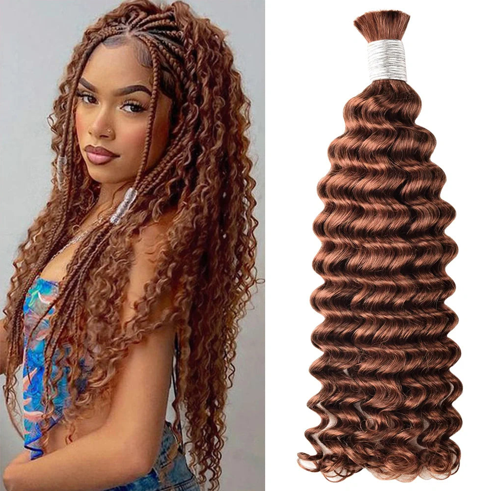 #33 Auburn Brown Deep Wave Hair Bulk | For Braiding | 100% Human Hair | BORUIHAIR