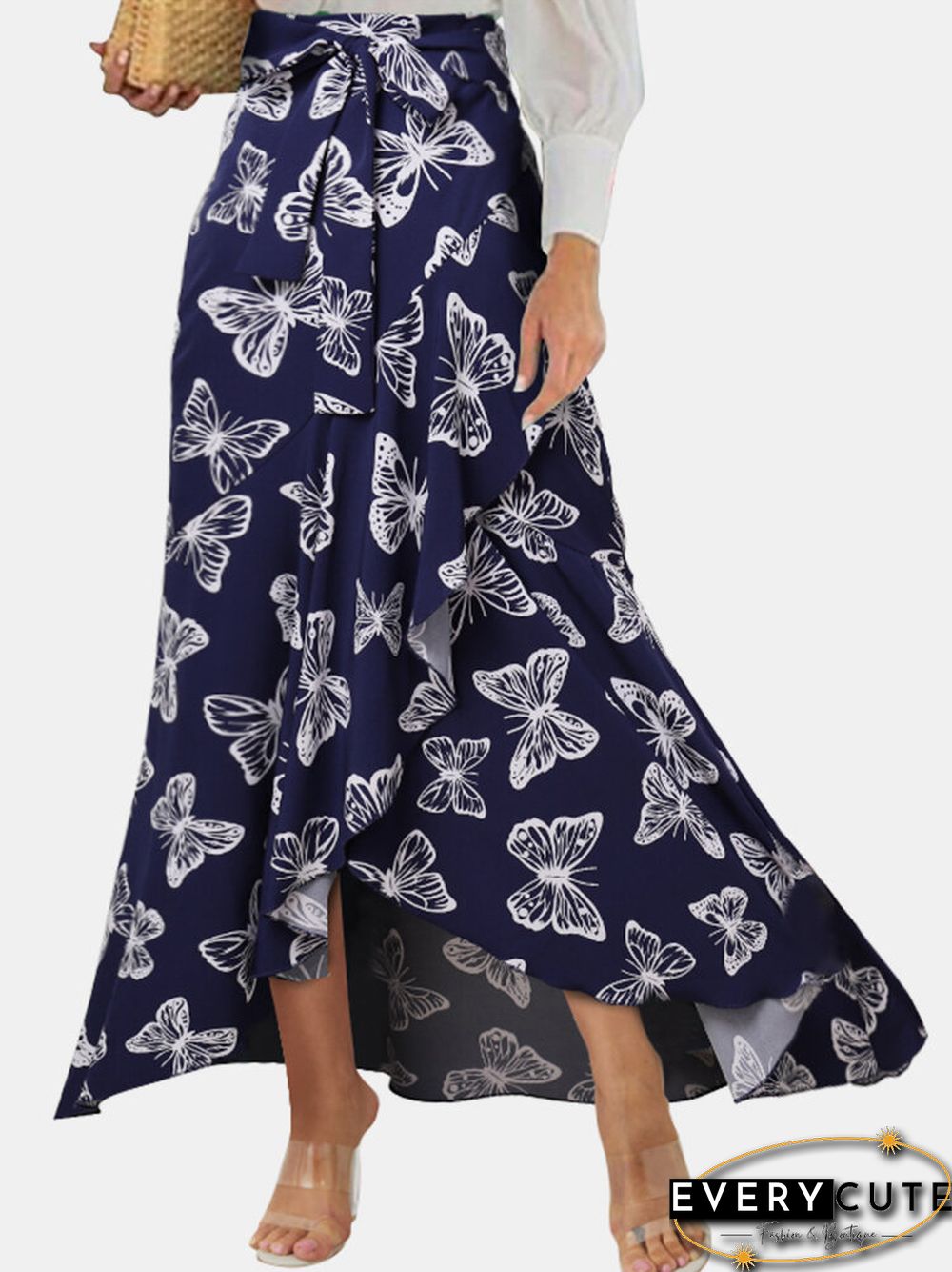 Butterfly Print Elastic Waist Ruffle Hem Mermaid Skirt