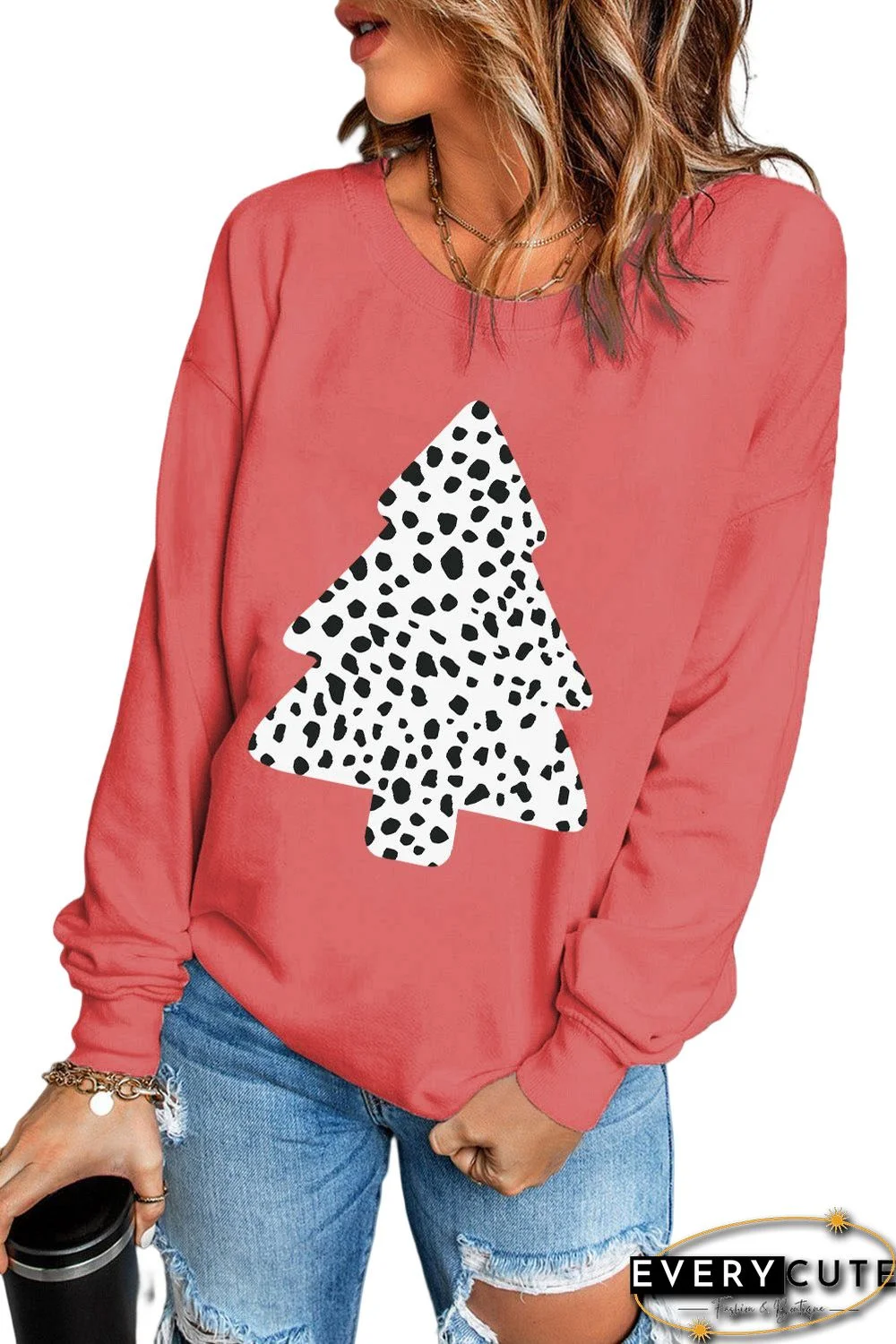 Red Christmas Tree Leopard Print Pullover Sweatshirt