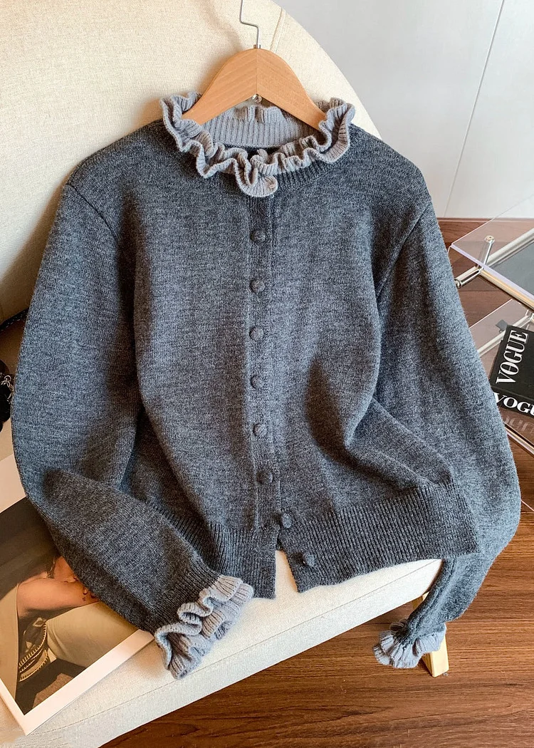 Grey Button Cozy Patchwork Knit Winter Coats Ruffled