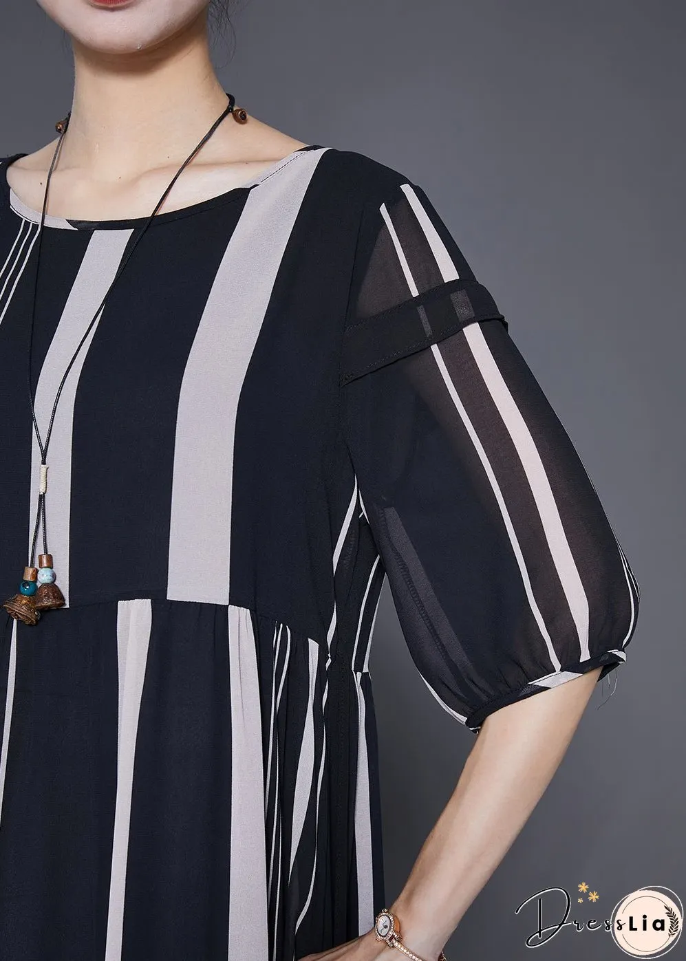 Modern Black Striped Patchwork Chiffon Maxi Dresses Half Sleeve