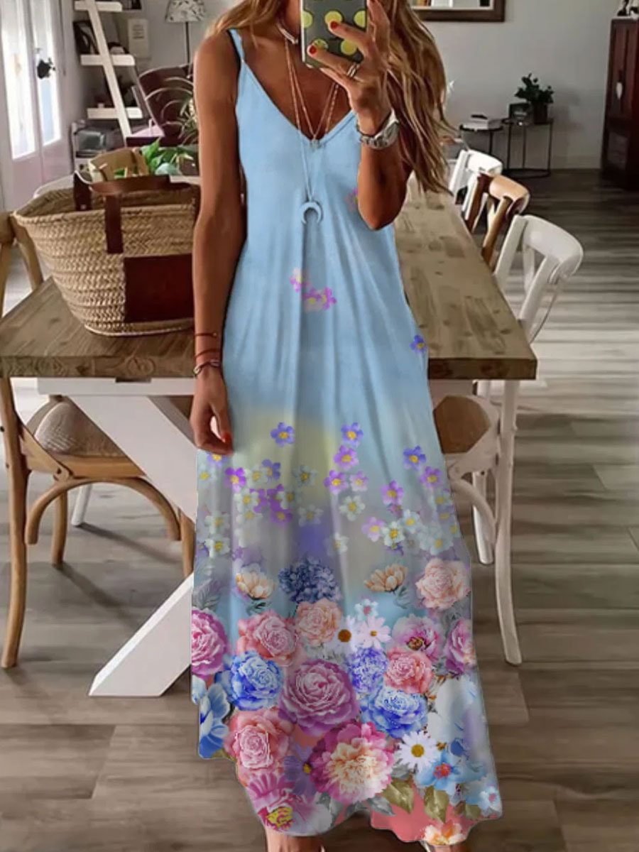 V-neck Floral Print Loose Casual Sleeveless Maxi Dress
