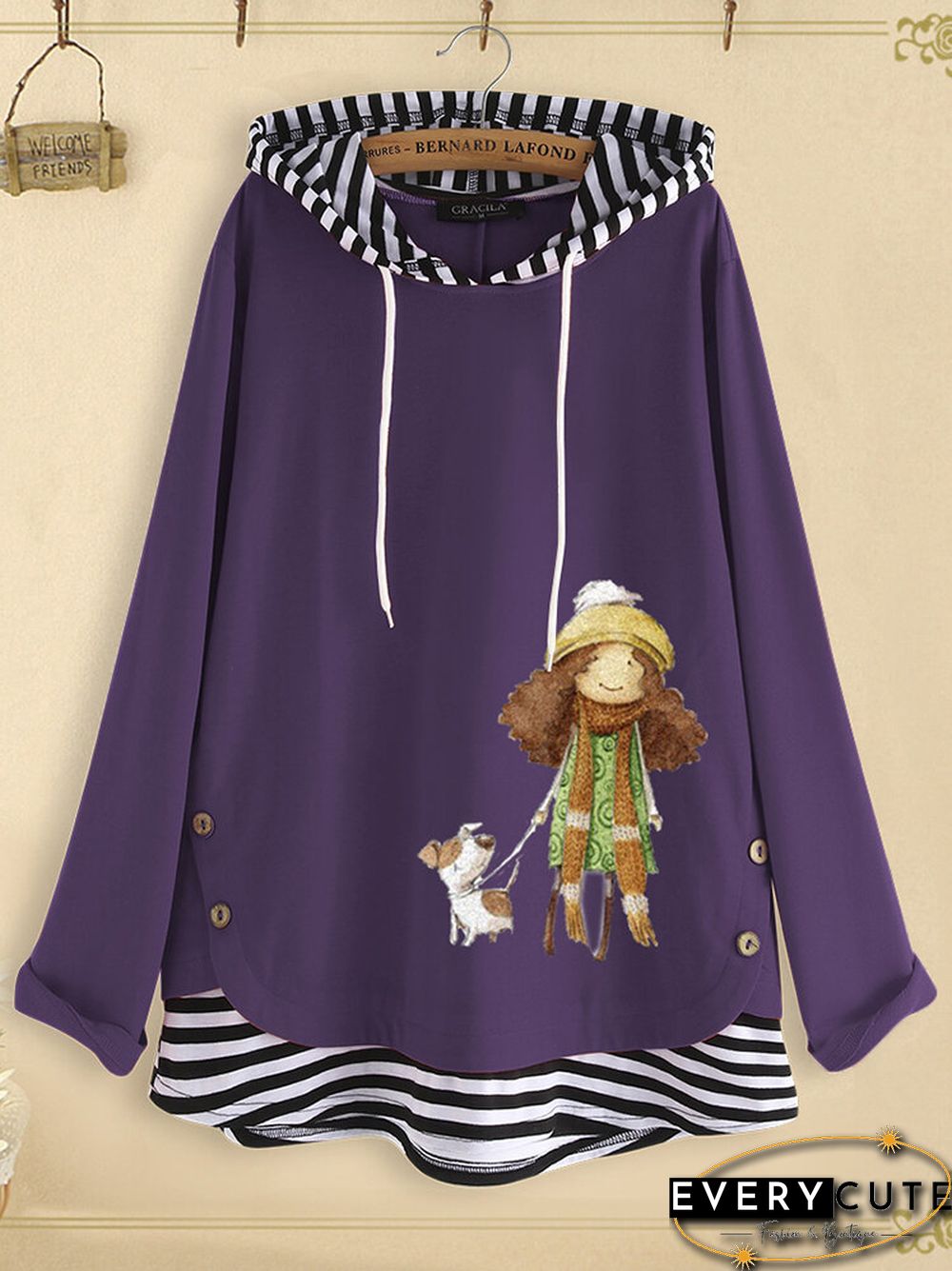 Side Button Cartoon Print Stripe Patchwork Long Sleeve Hoodie