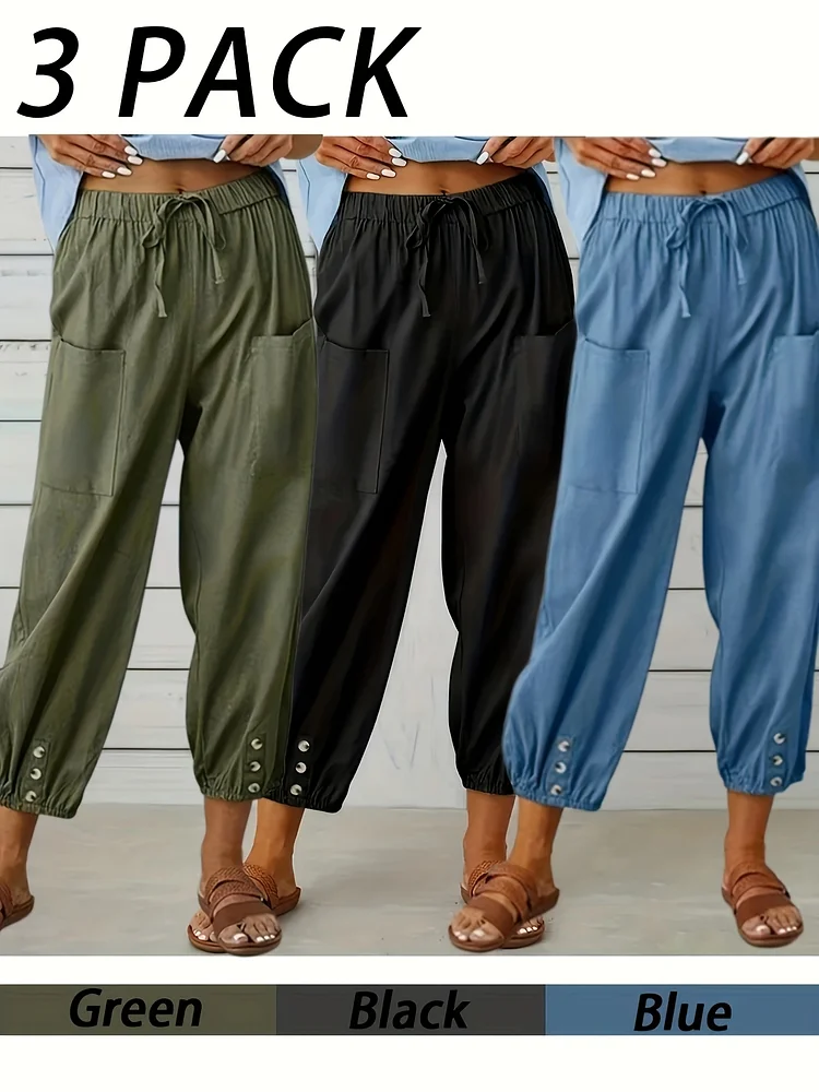 3pcs/Loose Fit High Waisted Buttoned Cropped Pants With Wide Legs For Both Men And Women, With Pockets For Easy Outings. Casual Pants With Elastic Waistband