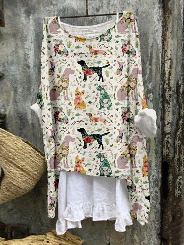 Comstylish Vintage Patchwork Dogs Pattern Linen Blend Tunic