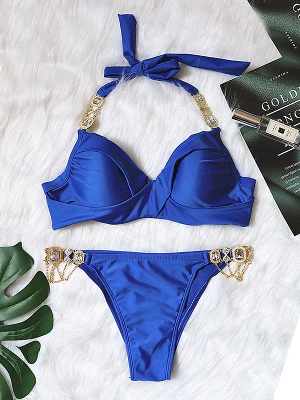 Gorgeous Embellished Halterneck Split Bikini Swimsuit