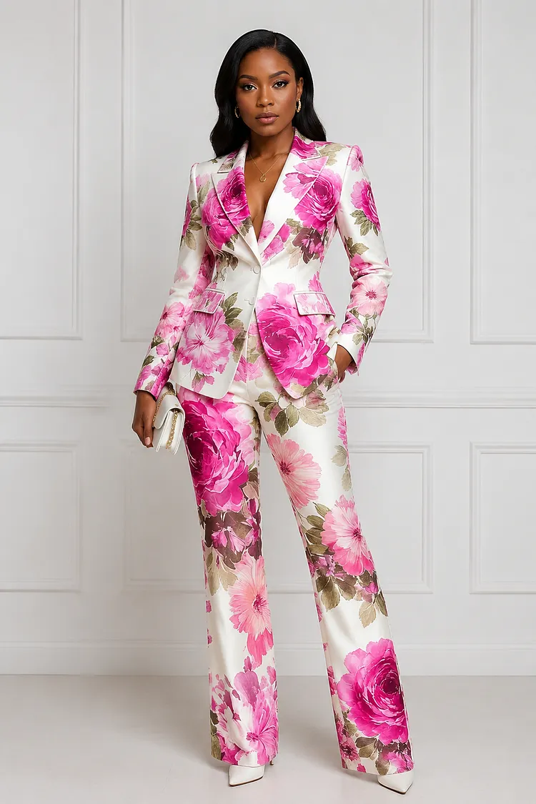 Xpluswear Design Plus Size Formal Pink Floral Lapel Collar Long