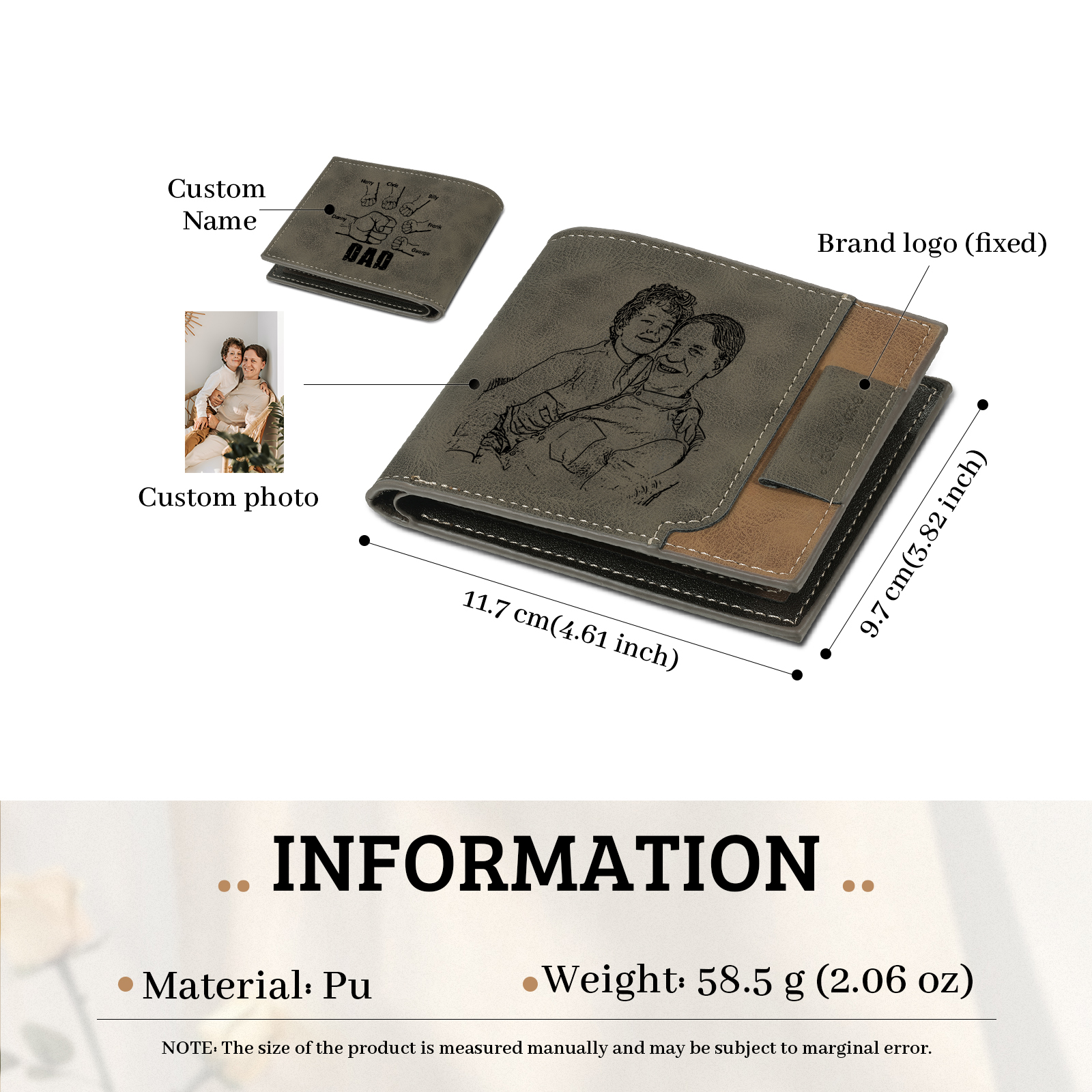 6 Names - Personalised Photo Custom Leather Men's Wallet as a Father's Day Gift for Dad