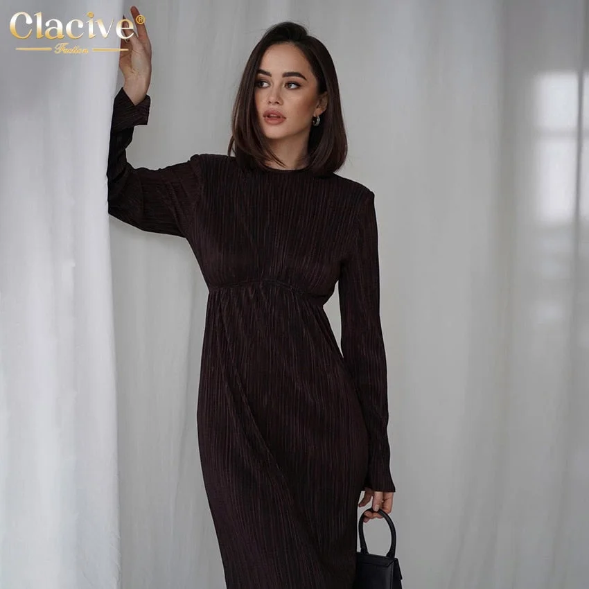 Clacive Fashion O-Neck Green Office Women'S Dress 2022 Elegant Long Sleeve Pleated Midi Dresses Casual Slim Black Female Dress