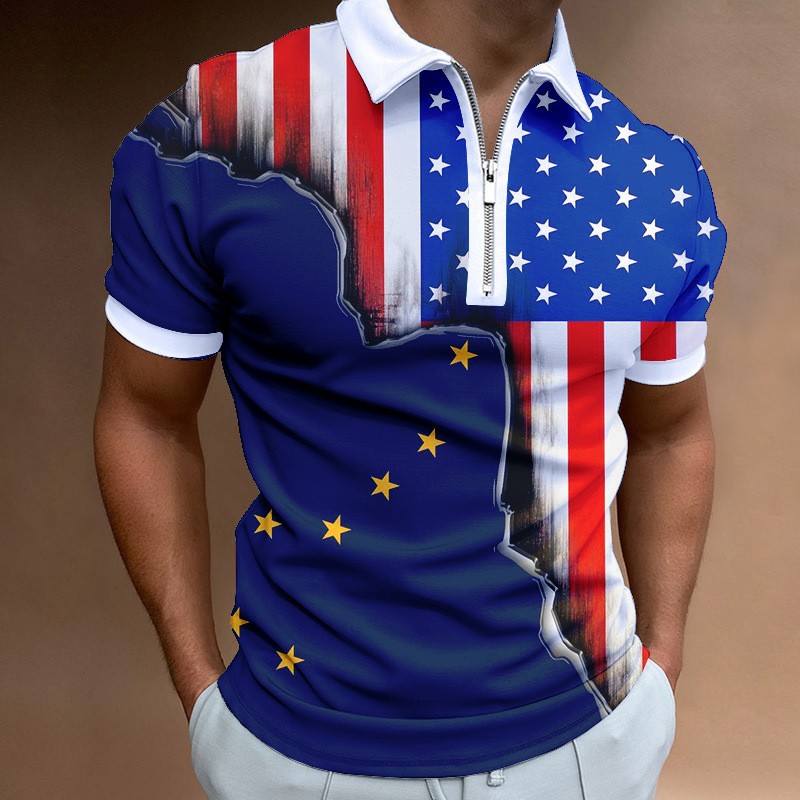 Men's Independence Day printed short sleeved zippered polo shirt PLUSCLOTHESMAN