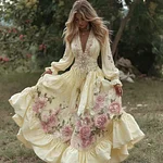 Women's Vintage Roses Embroidery Art V-neck Long Sleeves Maxi Dress - Image 6