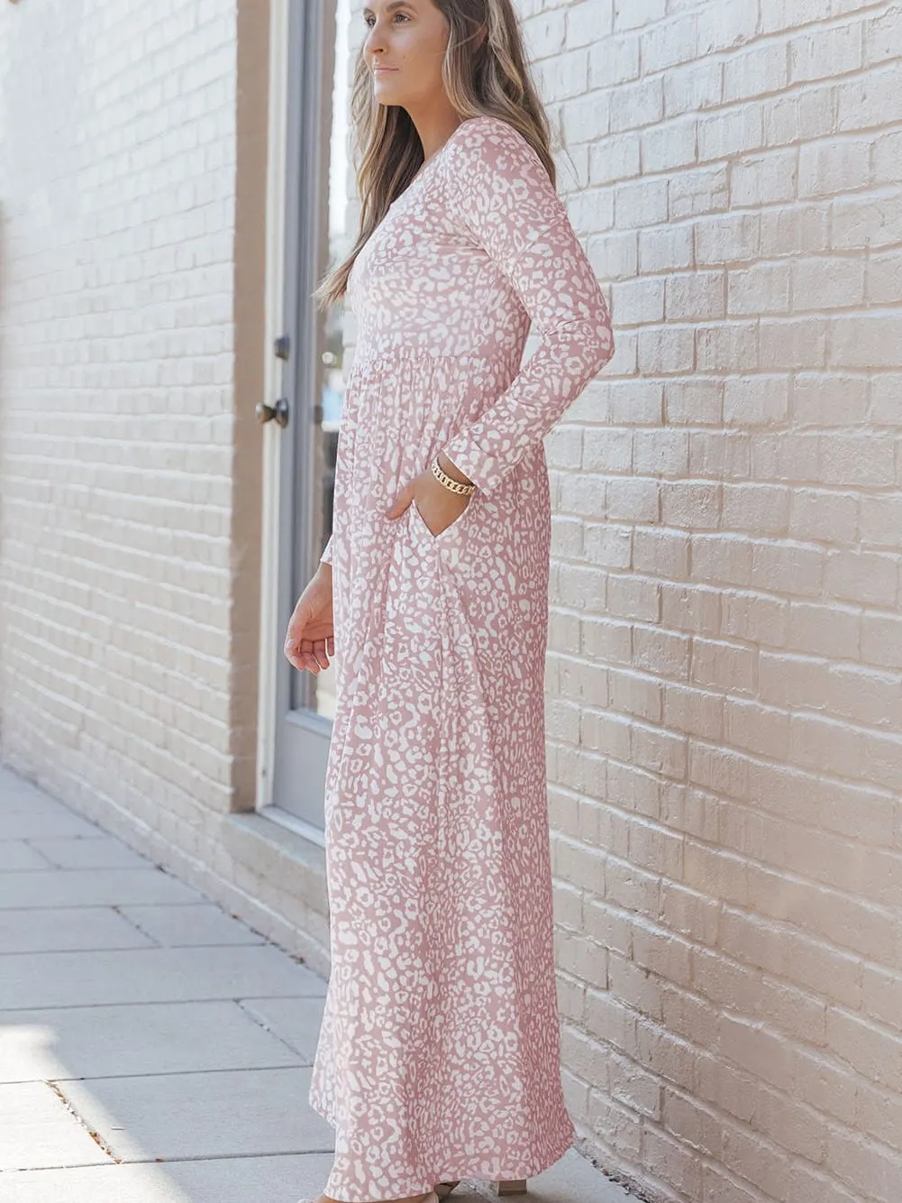 Leopard Print High Waist Maxi Dress with Long Sleeves and Pockets