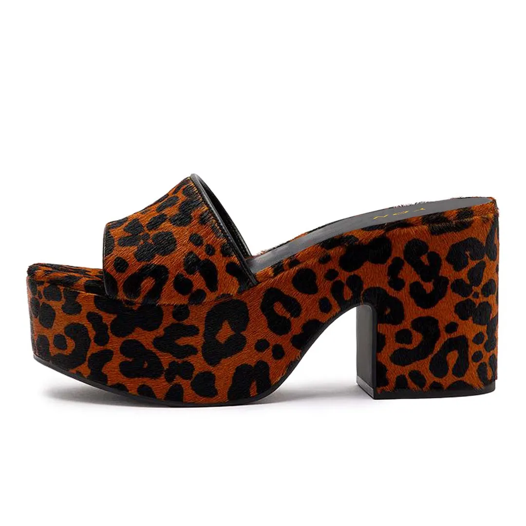Leopard Print Open Round Toe Chunky Heel Slides with Platform