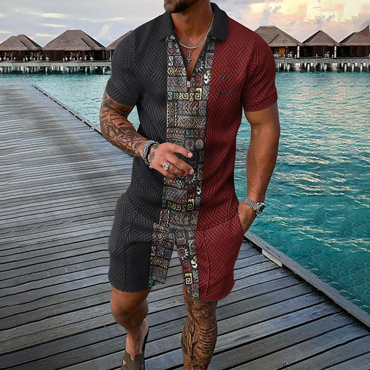 BrosWear Smile Face & Geometric Print Short Sleeve Polo Shirt And Shorts Co-Ord