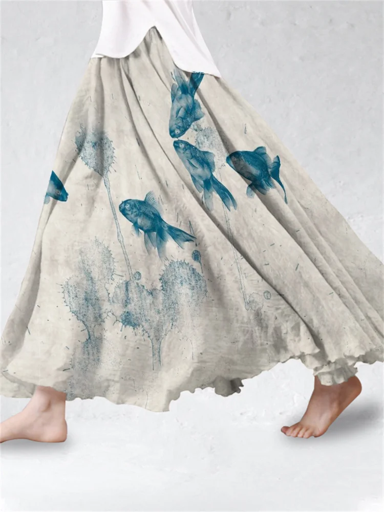 Vintage Fish Print Linen Flowy Skirt