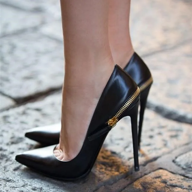 Fashion Pointy Toe Office Stiletto Heels Back Zipper Black Pumps |FSJ Shoes