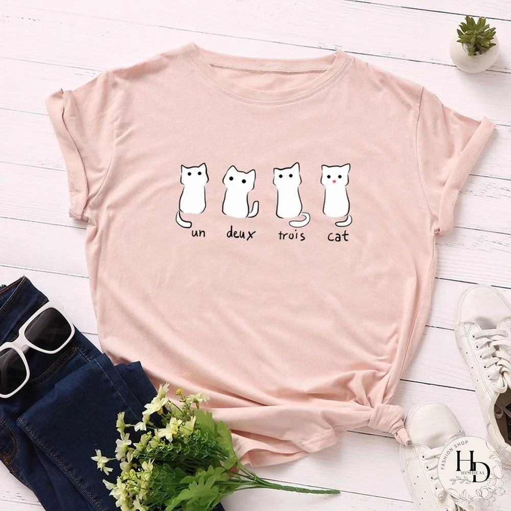 Summer Women T Shirt 5XL Versatile Cotton Lovely Cats Print Short Sleeve Lady Tees Tops Casual Loose O-Neck Female Basic TShirt