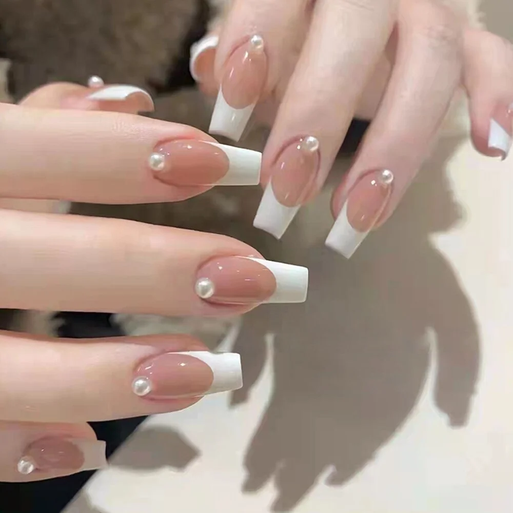 24PCS Press On Nails with Diamond Butterfly Design White Fake Nails Coffin Ballet False Nails Manicure Salon DIY  Full Finished-Nail Inspo