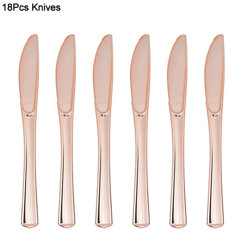 18Pcs Rose Gold Plastic Disposable Tableware Dessert Knives Forks Spoon Wedding Birthday Party Decoration Supplies Cutlery Set