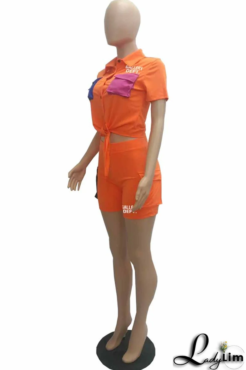 Orange Street Print Patchwork Letter Turndown Collar Short Sleeve Two Pieces