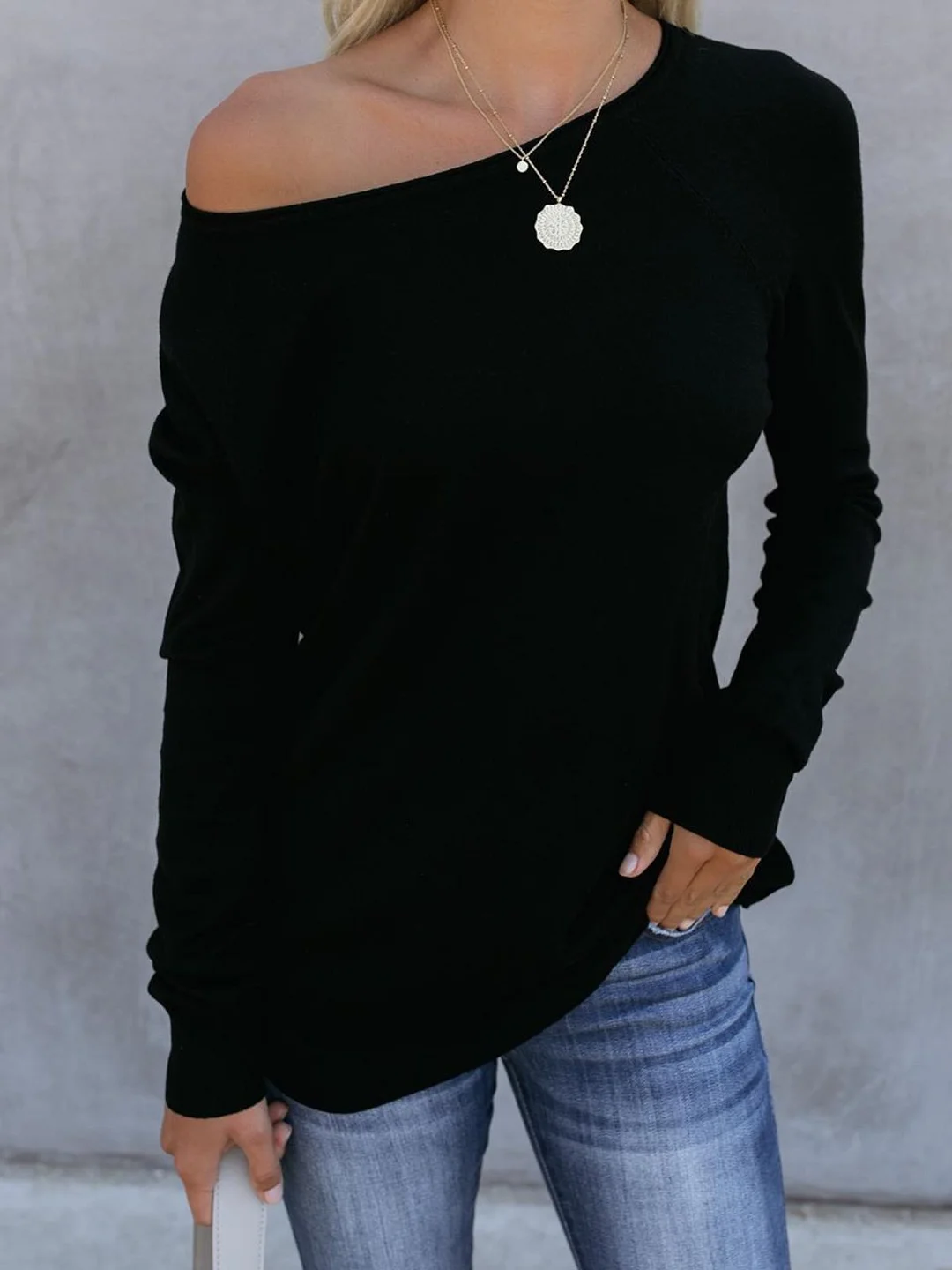 Black Cotton-Blend Long Sleeve Shirts & Tops