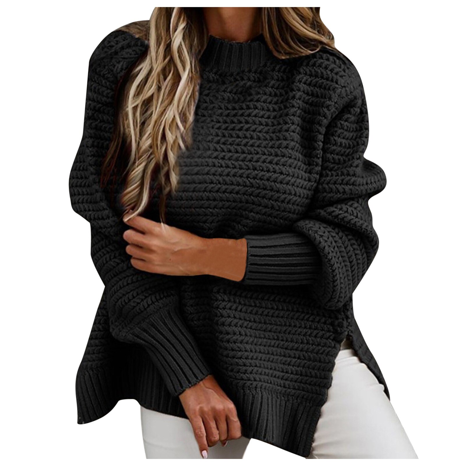 Women O-Neck Loose Casual Solid Long-Sleeved Knitwear