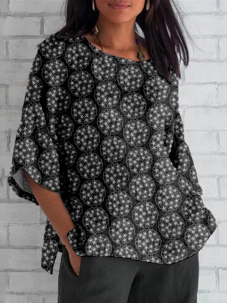 Comstylish Japanese Yukiwa Flower Balls Sashiko Art Linen Blend Tunic