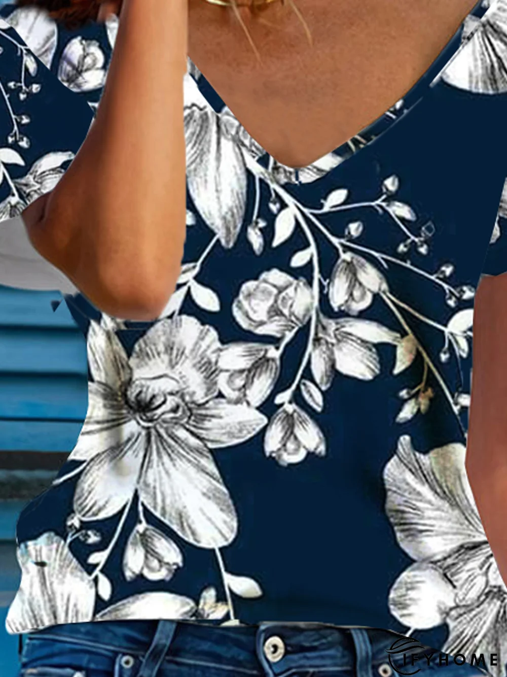 Vacation Floral Casual Loosen V Neck Short Sleeve T-Shirt | IFYHOME