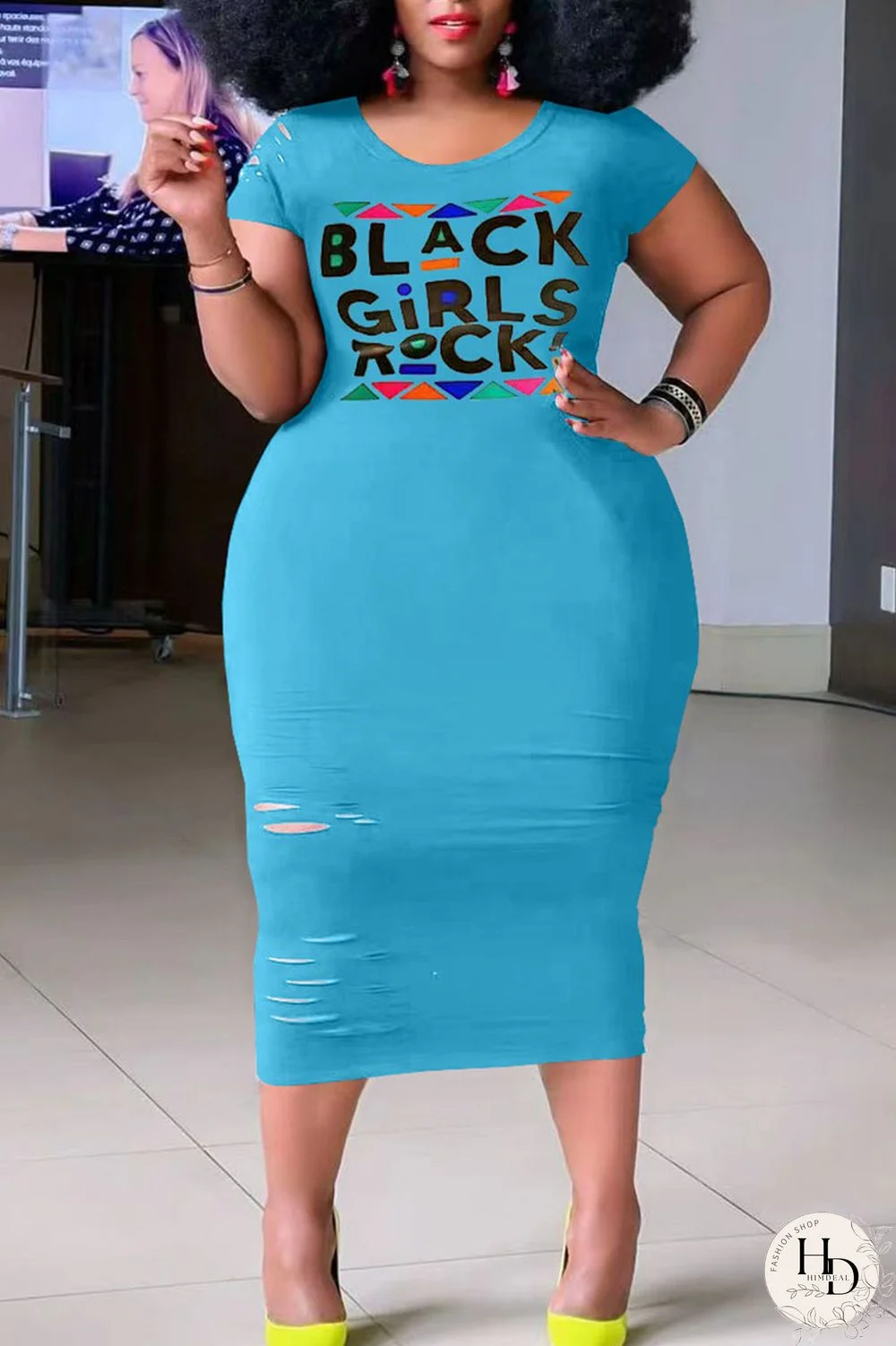 Light Blue Casual Print Ripped Split Joint O Neck Straight Plus Size Dresses