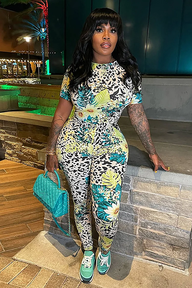 Leopard Floral Print Round Neck Short Sleeve Slim Fit Jumpsuit-Green