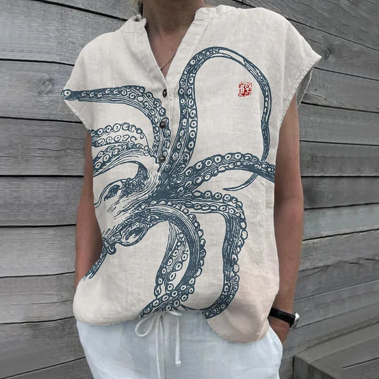 Vintage Octopus Art Painting V-Neck Half-Button Linen Shirt