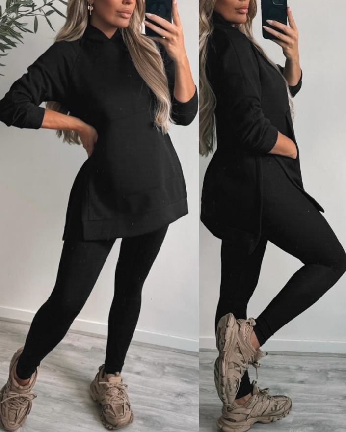 Winzsparks Two Piece Set Women Outfit 2025 Autumn Fashion Side Slit Kangaroo Pocket Design Long Sleeve Hoodie & Skinny Leggings Pants Set