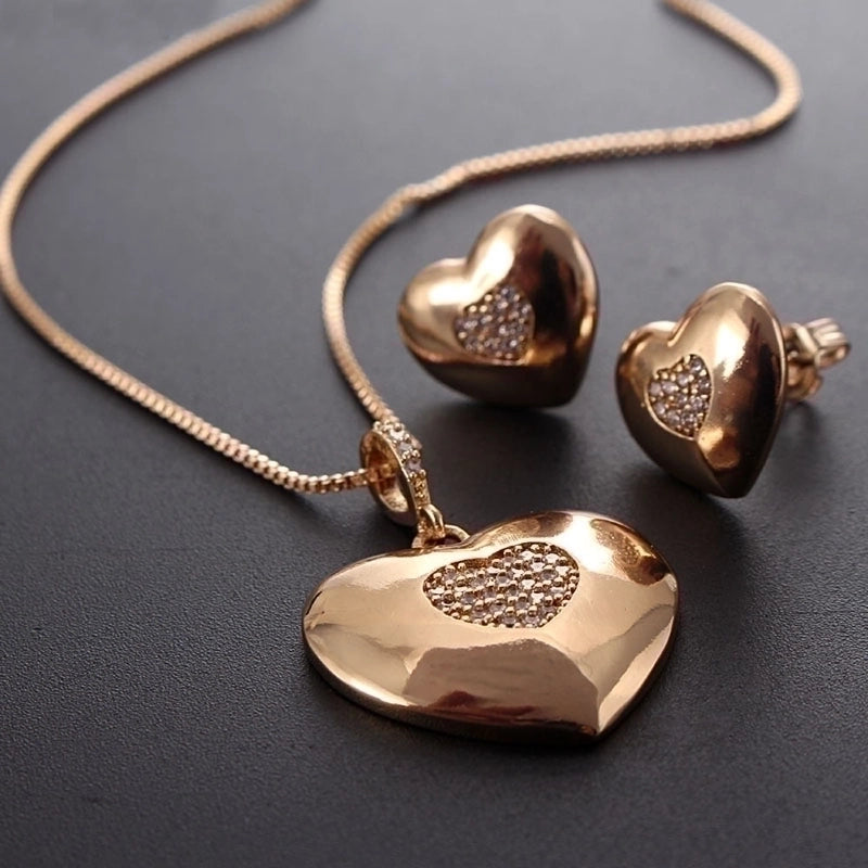 Copper Gold Plated Basic Plating Inlay Heart Shape Zircon Jewelry Set