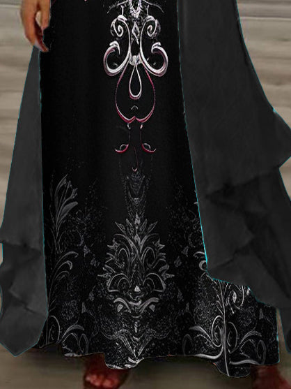 Women's Long Sleeve V-neck Graphic Printed Two Pieces Maxi Dress