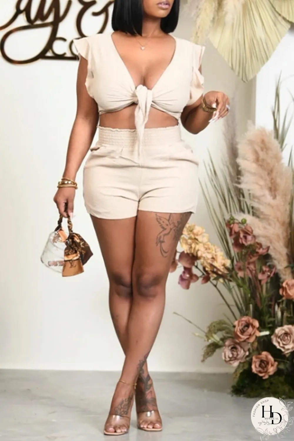 Cream White Sexy Solid Flounce V Neck Sleeveless Two Pieces