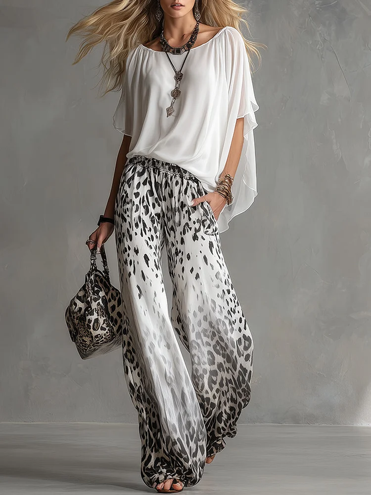 【24-hour shipping out】Modern And Stylish White T-shirt And Leopard Print Chiffon Pants Set