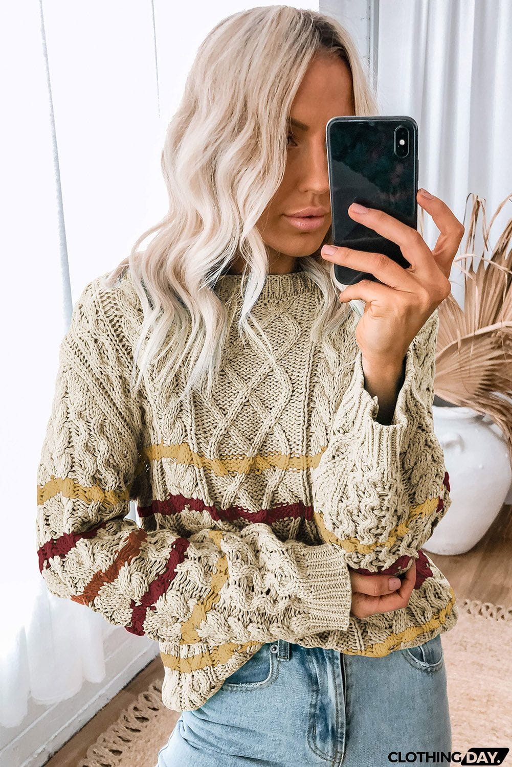 Striped Color Block Textured Knit Pullover Sweater