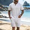 Men's Casual Linen Henley T-Shirt And Shorts Set by Inlyline