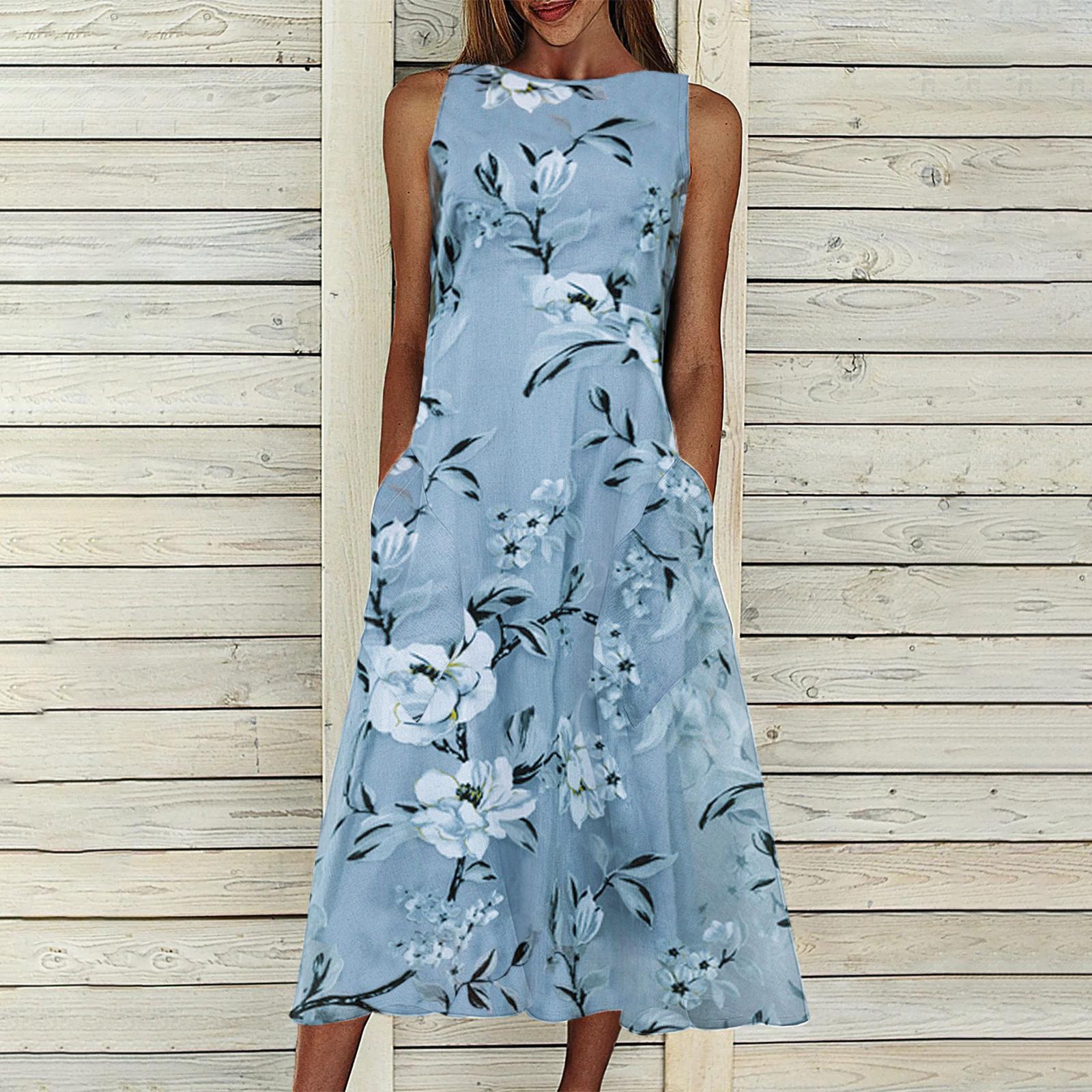 Mature Women Floral Tunic Round Neck Mid-length A-line Dress