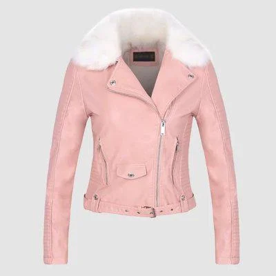 FTLZZ New Women Winter Faux Leather Jacket Warm Large Fur Collar Lady Motorcycle Pu Faux Soft Leather White Black Pink Coat