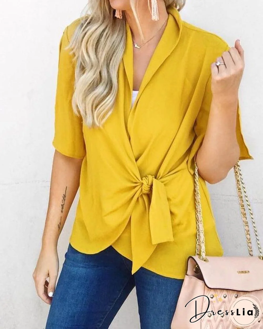 Short Sleeve Tie Side Wrap Blouse P14786