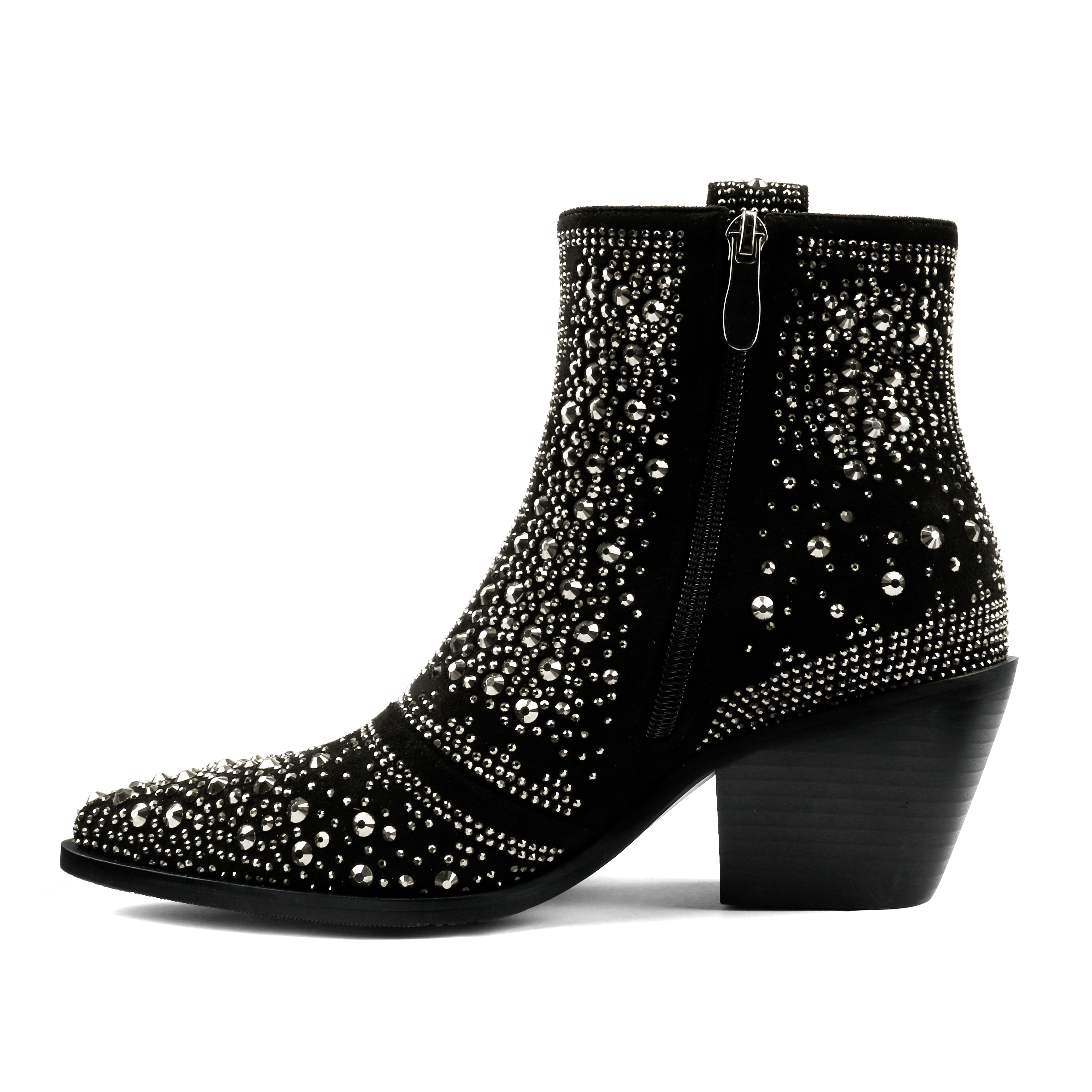 2.56" Women's Rhinestone Western Cowboy Boots Pointed Toe Block Heel Sparkly Ankle Boots-MERUMOTE