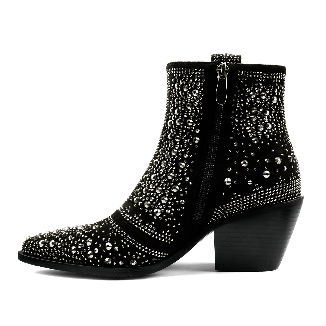 2.56" Women's Rhinestone Western Cowboy Boots Pointed Toe Block Heel Sparkly Ankle Boots-MERUMOTE