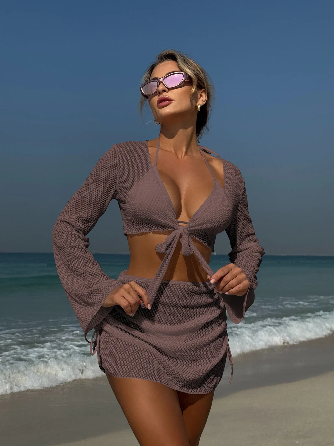 Churchf 2025 New Solid Color Sexy Summer New Beach Resort In Wind Four-Piece Split Swimsuit