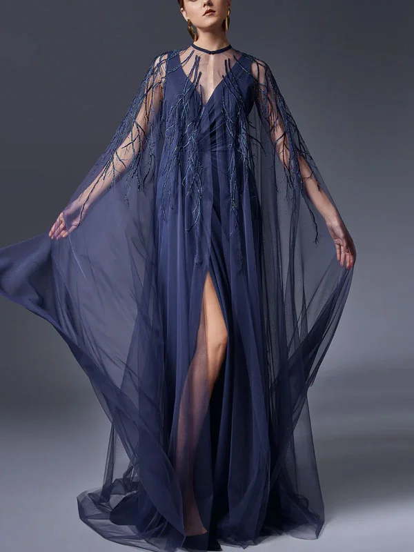 Two Piece Embroidered Cape & Open Slit Draped Dress