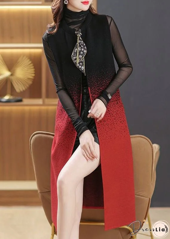 Women Black O Neck Pockets Lace Up Patchwork Woolen Long Waistcoat Sleeveless