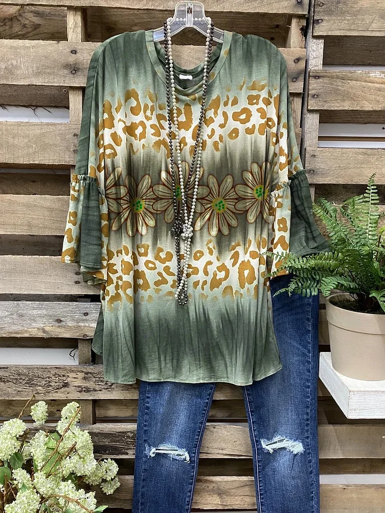 Flare Sleeves leopard print floral tie-dye T-shirt-Mayoulove