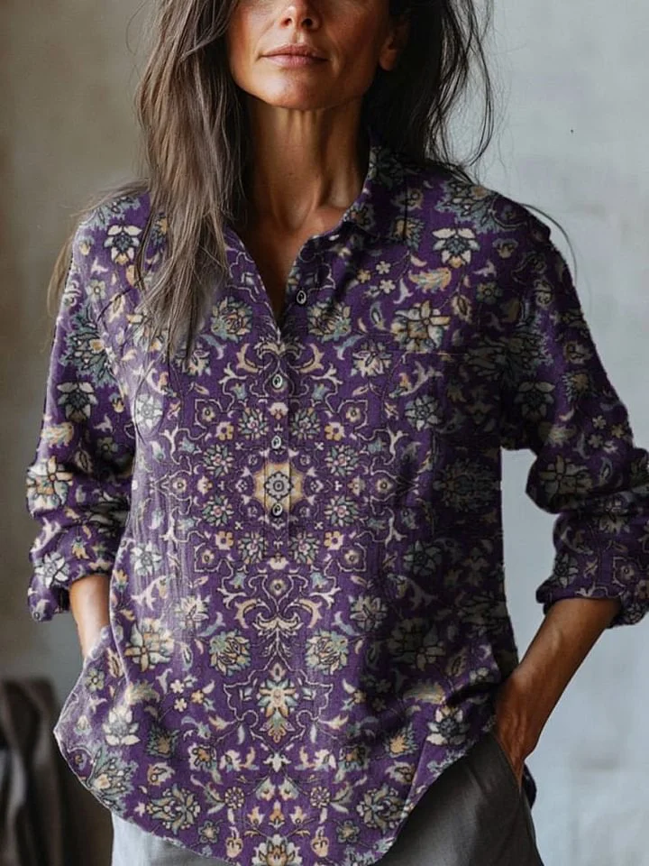 Vintage Ethnic Pattern Printed Women's Casual Cotton And Linen Shirt