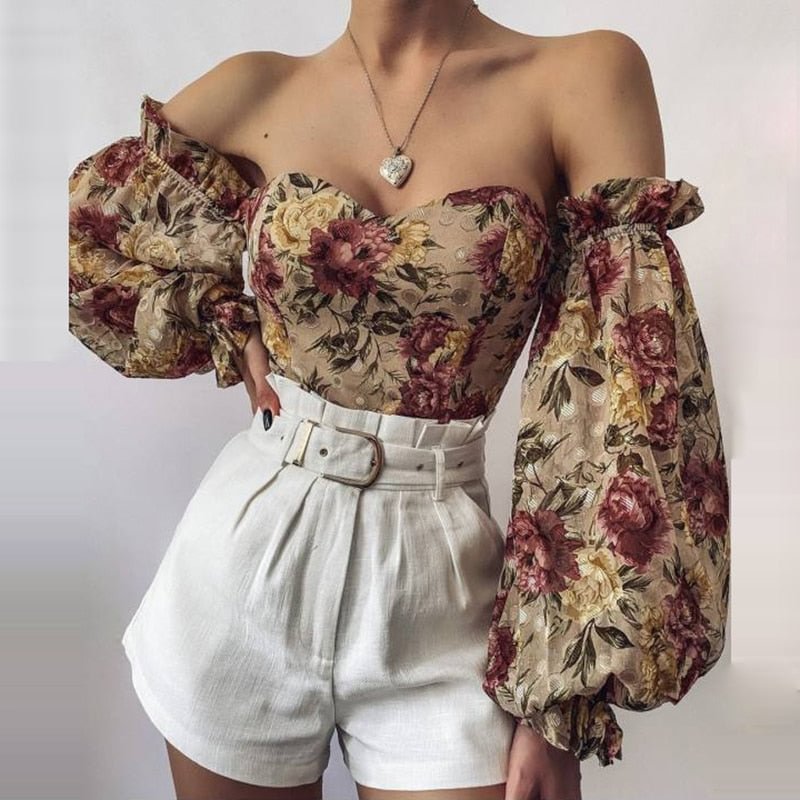 Sexy Ladies Off-shoulder Tube Top Print Chiffon Shirts Casual Spring Summer Lantern Sleeves Pullover Elegant Office Slim Blouses
