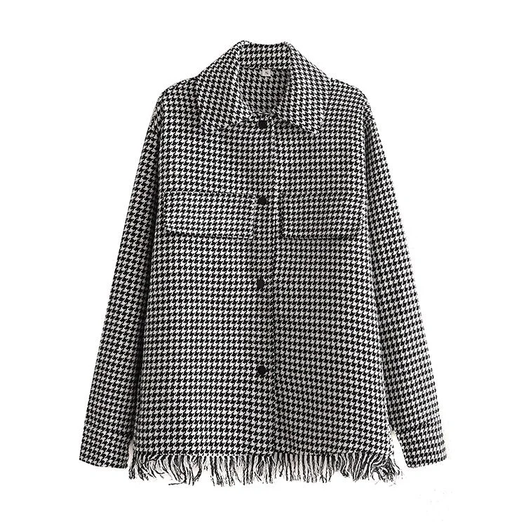 Za Women's Shirts Jackets Suits Vintage Two Piece Coats Office Ladies Outfit Plaid Blouses Pockets Long Sleeves Tassel Oversize